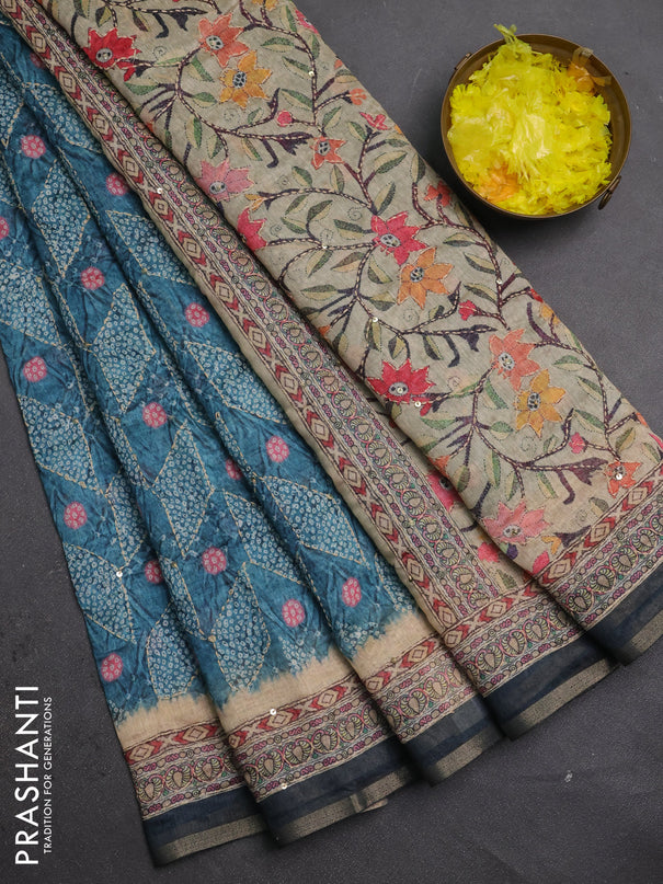 Semi linen saree teal blue and beige with allover bandhani prints & embroidery work and embroidery pallu & border