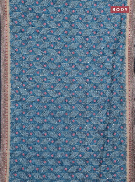 Semi linen saree teal blue and beige with allover bandhani prints & embroidery work and embroidery pallu & border