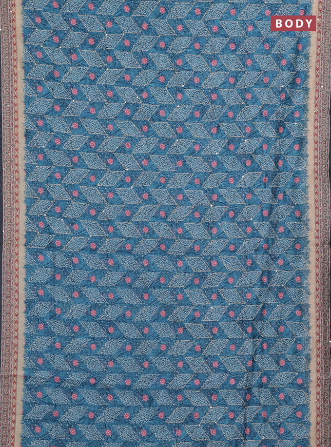 Semi linen saree teal blue and beige with allover bandhani prints & embroidery work and embroidery pallu & border