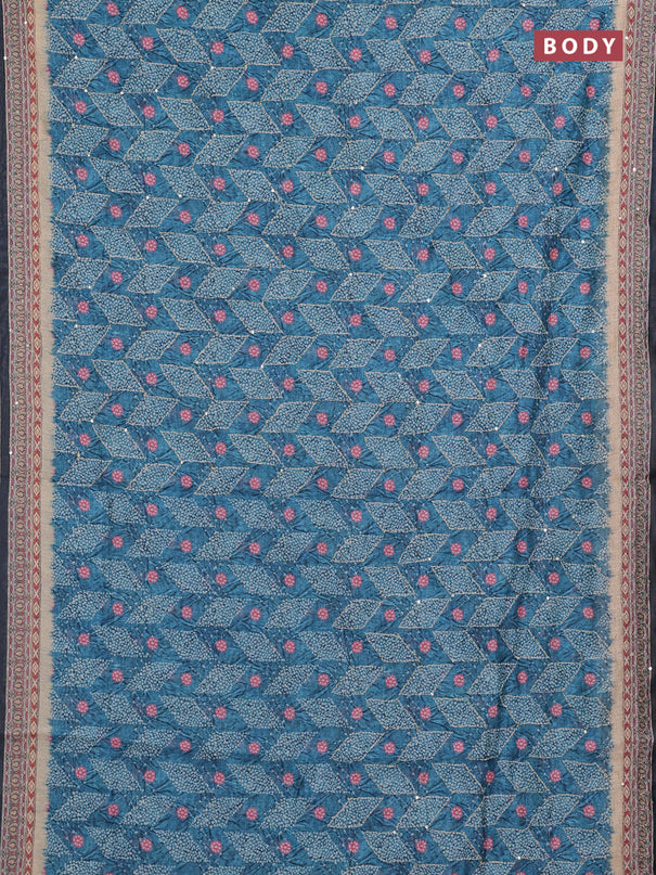 Semi linen saree teal blue and beige with allover bandhani prints & embroidery work and embroidery pallu & border