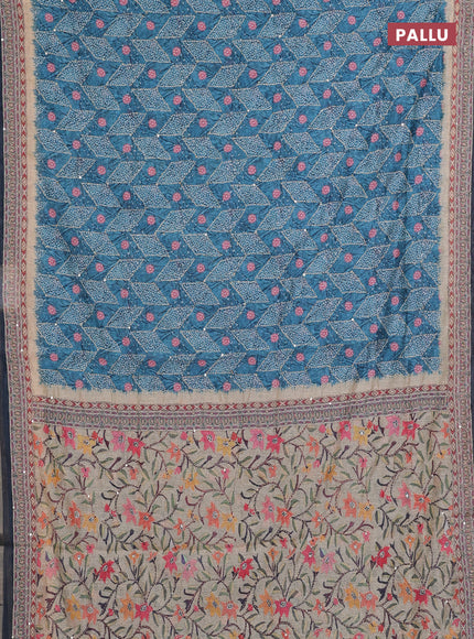 Semi linen saree teal blue and beige with allover bandhani prints & embroidery work and embroidery pallu & border