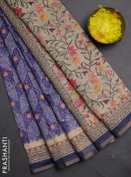 Semi linen saree violet and beige with allover bandhani prints & embroidery work and embroidery pallu & border