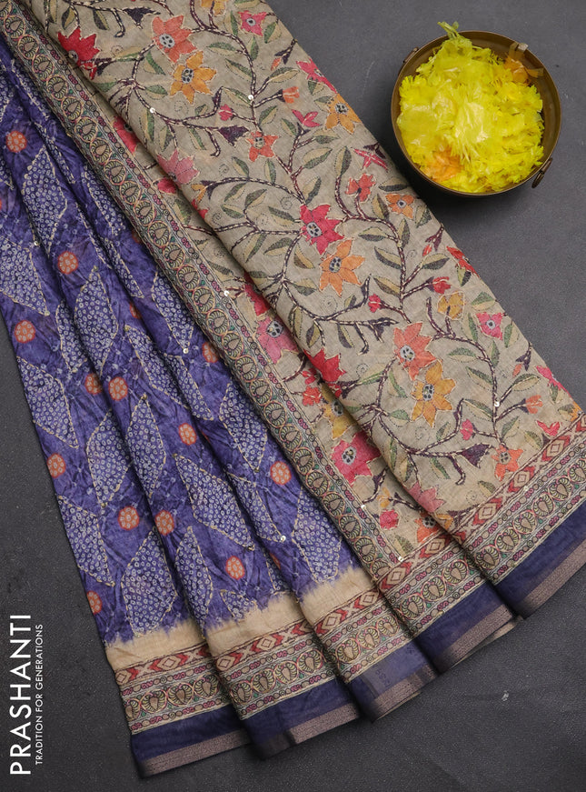 Semi linen saree violet and beige with allover bandhani prints & embroidery work and embroidery pallu & border