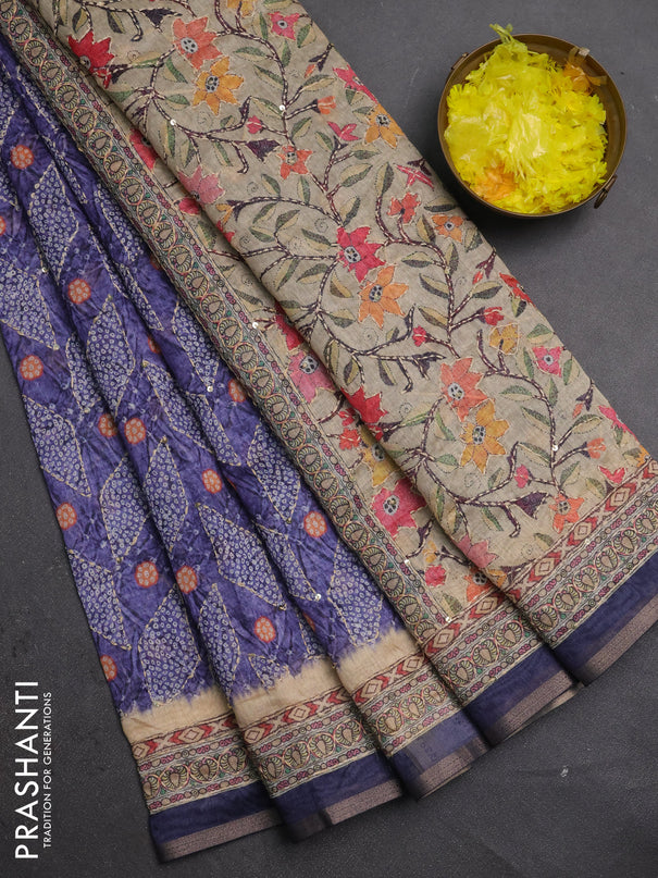 Semi linen saree violet and beige with allover bandhani prints & embroidery work and embroidery pallu & border