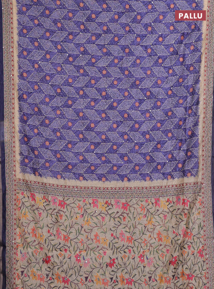 Semi linen saree violet and beige with allover bandhani prints & embroidery work and embroidery pallu & border