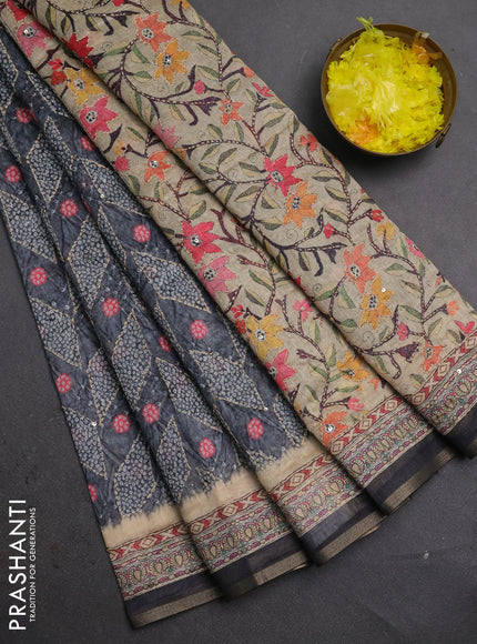Semi linen saree grey and beige with allover bandhani prints & embroidery work and embroidery pallu & border