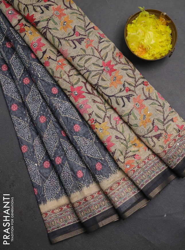 Semi linen saree grey and beige with allover bandhani prints & embroidery work and embroidery pallu & border