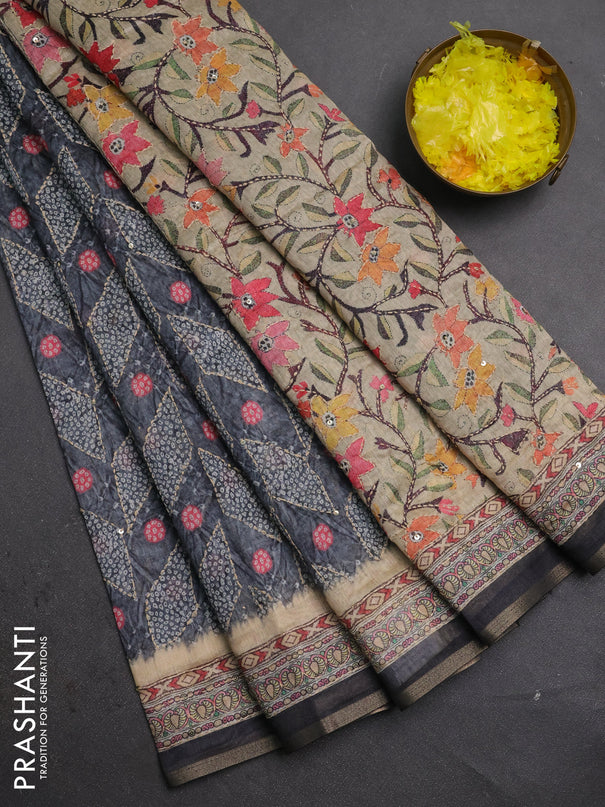 Semi linen saree grey and beige with allover bandhani prints & embroidery work and embroidery pallu & border