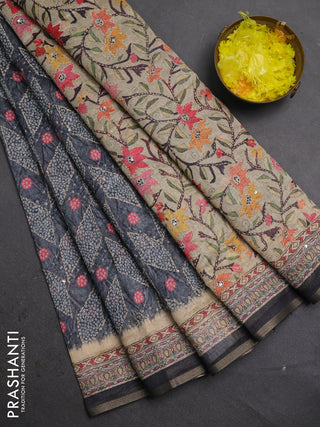 Semi linen saree grey and beige with allover bandhani prints & embroidery work and embroidery pallu & border