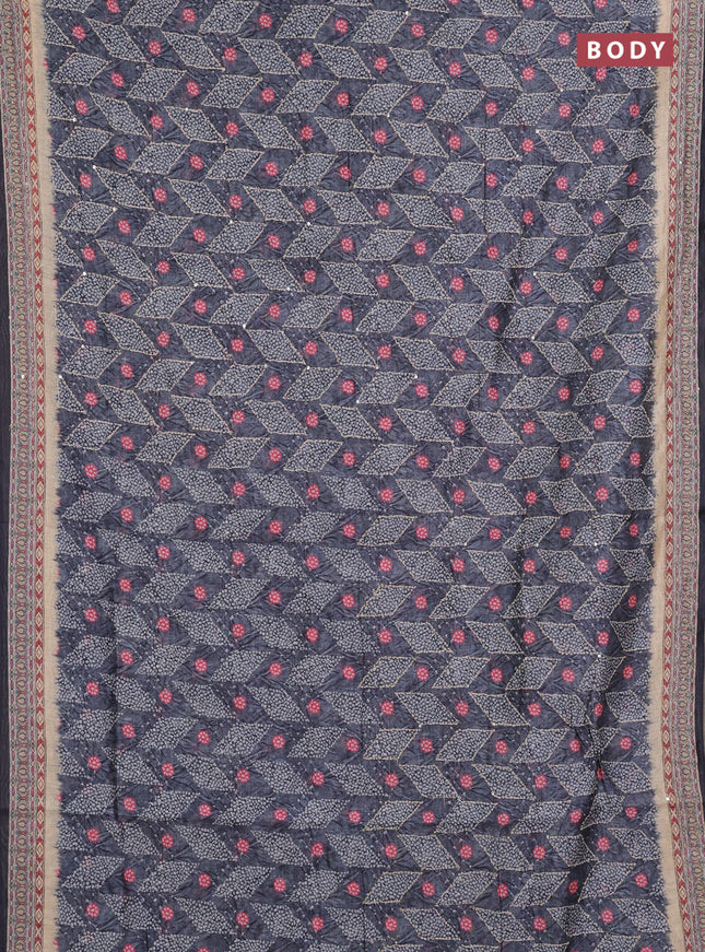 Semi linen saree grey and beige with allover bandhani prints & embroidery work and embroidery pallu & border