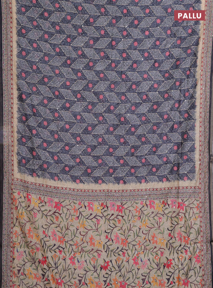 Semi linen saree grey and beige with allover bandhani prints & embroidery work and embroidery pallu & border