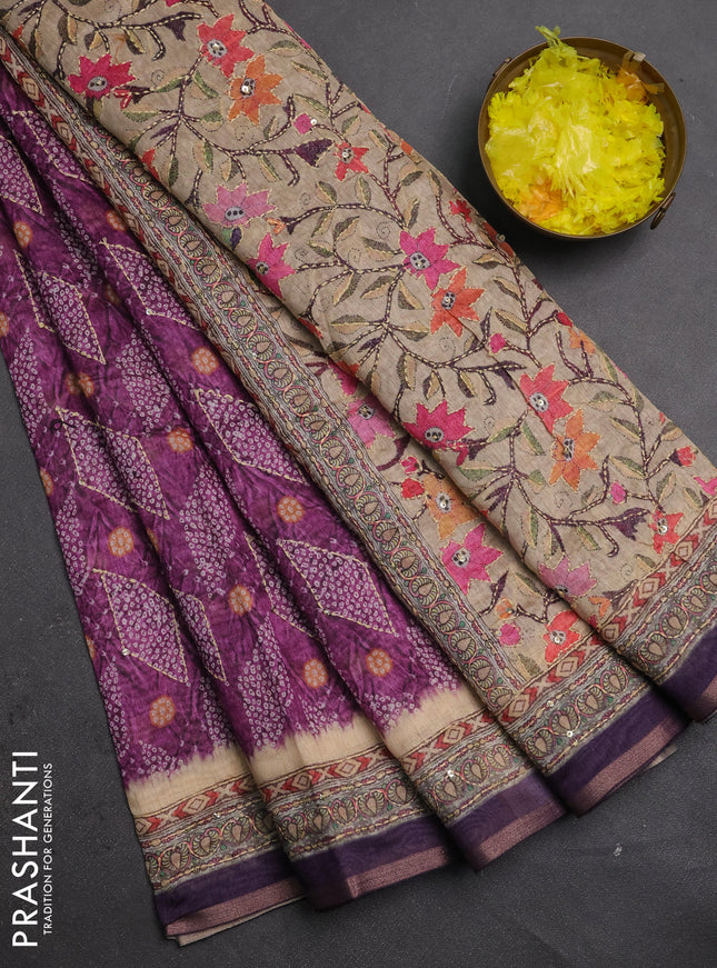 Semi linen saree purple and beige with allover bandhani prints & embroidery work and embroidery pallu & border