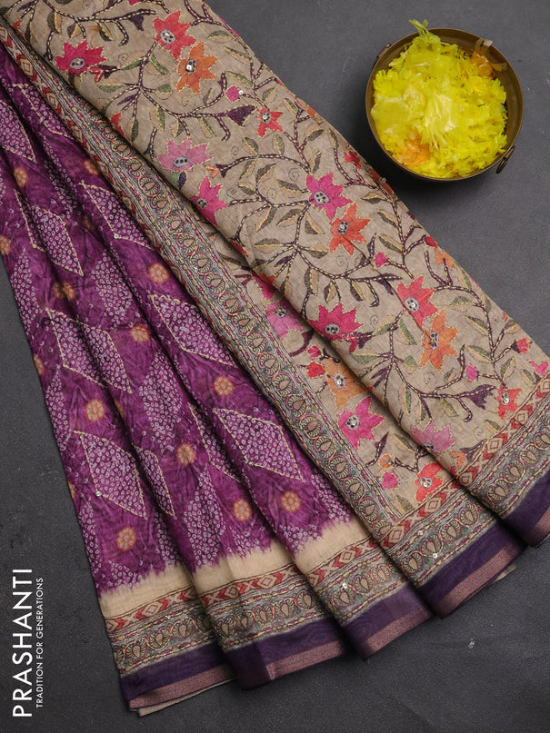 Semi linen saree purple and beige with allover bandhani prints & embroidery work and embroidery pallu & border