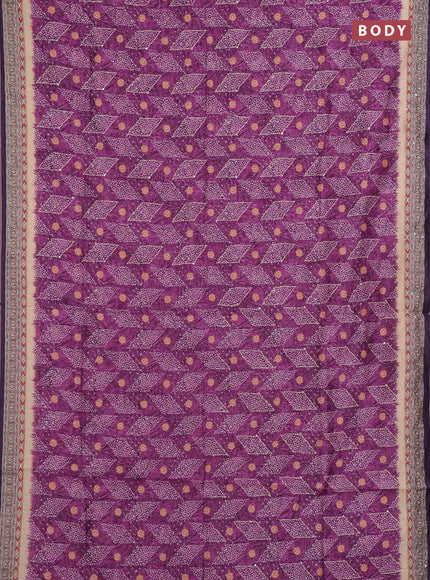Semi linen saree purple and beige with allover bandhani prints & embroidery work and embroidery pallu & border