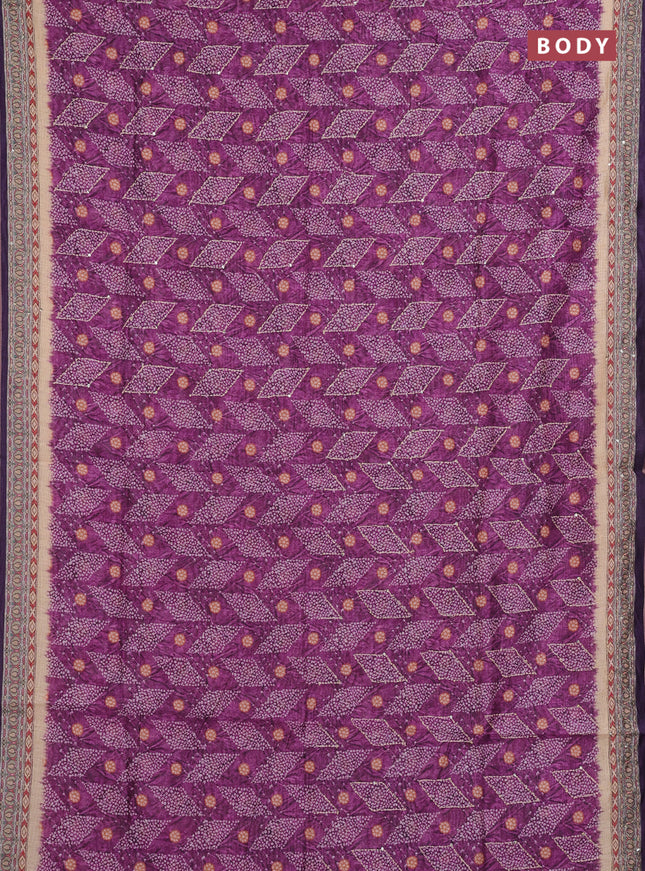 Semi linen saree purple and beige with allover bandhani prints & embroidery work and embroidery pallu & border