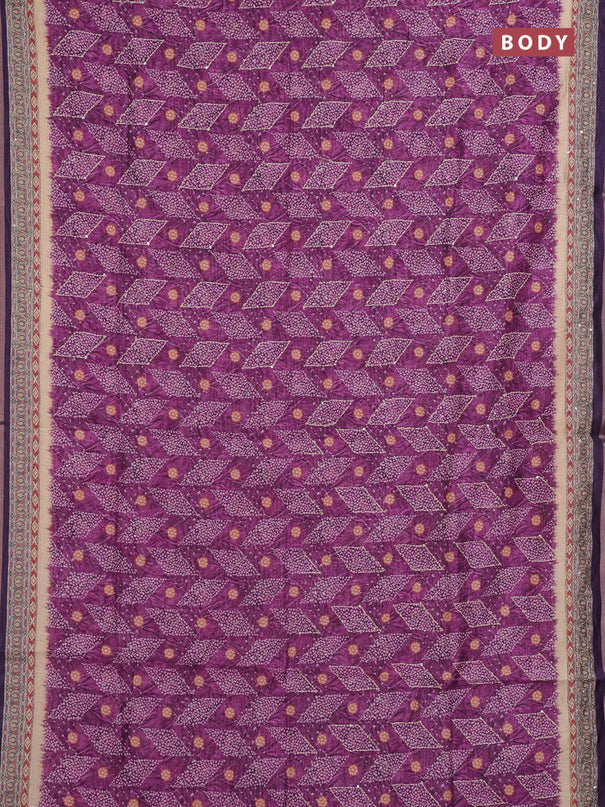 Semi linen saree purple and beige with allover bandhani prints & embroidery work and embroidery pallu & border