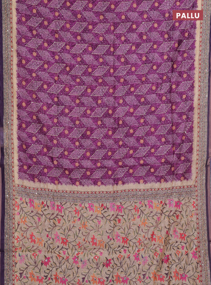 Semi linen saree purple and beige with allover bandhani prints & embroidery work and embroidery pallu & border