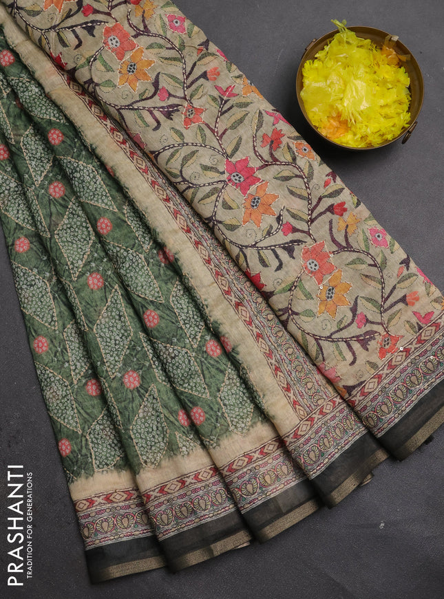 Semi linen saree green and beige with allover bandhani prints & embroidery work and embroidery pallu & border