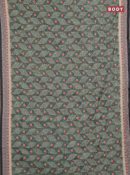 Semi linen saree green and beige with allover bandhani prints & embroidery work and embroidery pallu & border