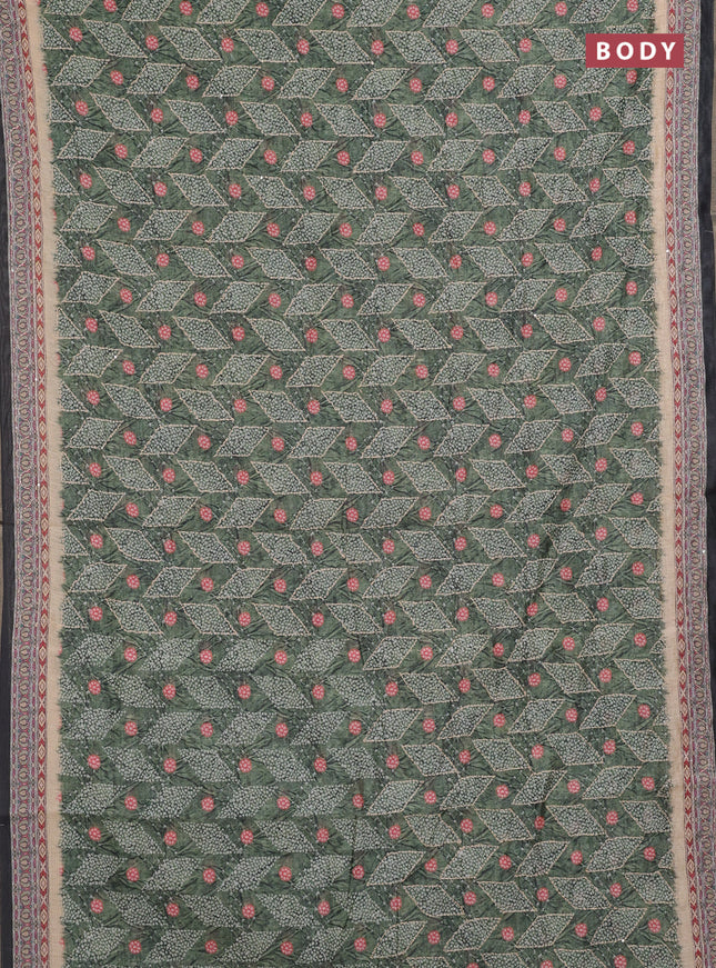 Semi linen saree green and beige with allover bandhani prints & embroidery work and embroidery pallu & border