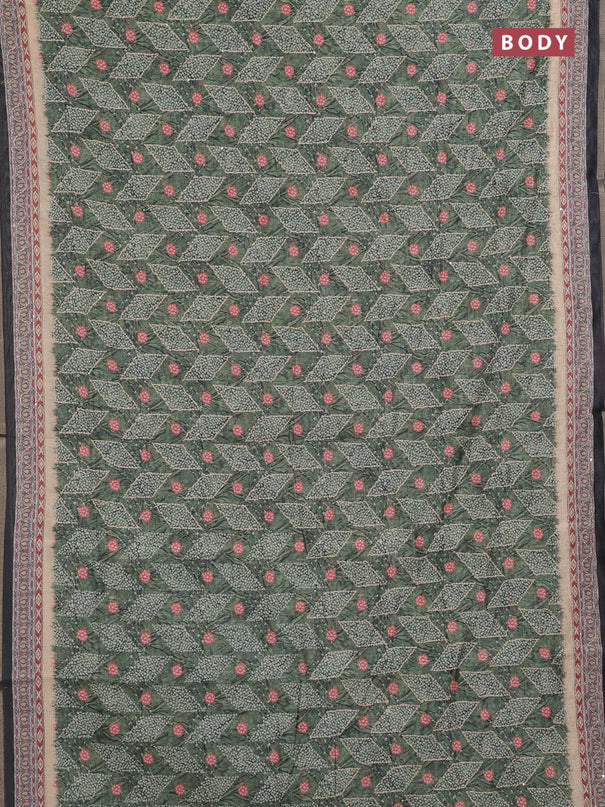 Semi linen saree green and beige with allover bandhani prints & embroidery work and embroidery pallu & border