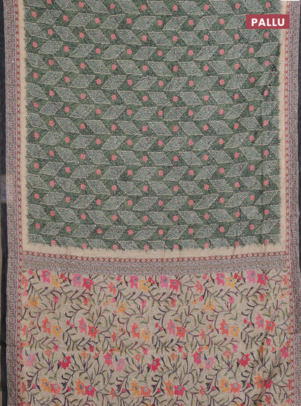 Semi linen saree green and beige with allover bandhani prints & embroidery work and embroidery pallu & border