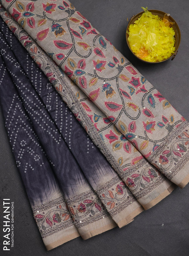 Semi linen saree dark grey and beige with allover bandhani prints & embroidery work and embroidery pallu & border
