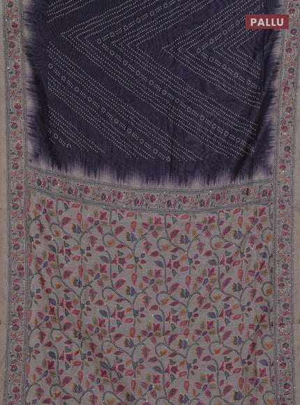 Semi linen saree dark grey and beige with allover bandhani prints & embroidery work and embroidery pallu & border