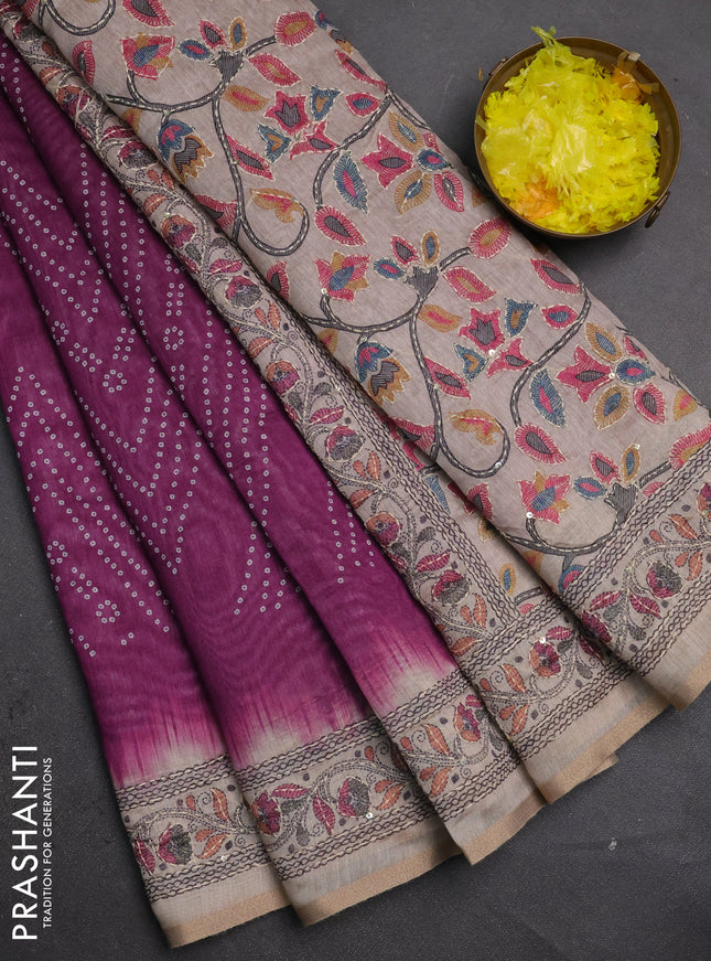 Semi linen saree purple and beige with allover bandhani prints and embroidery pallu & border