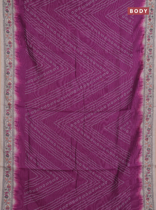 Semi linen saree purple and beige with allover bandhani prints and embroidery pallu & border