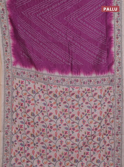 Semi linen saree purple and beige with allover bandhani prints and embroidery pallu & border