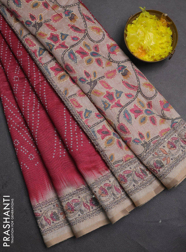 Semi linen saree maroon and beige with allover bandhani prints and embroidery pallu & border