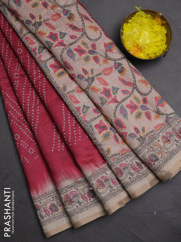 Semi linen saree maroon and beige with allover bandhani prints and embroidery pallu & border