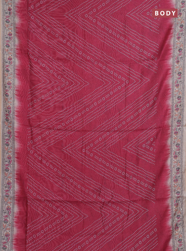 Semi linen saree maroon and beige with allover bandhani prints and embroidery pallu & border