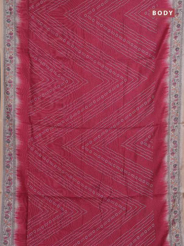 Semi linen saree maroon and beige with allover bandhani prints and embroidery pallu & border