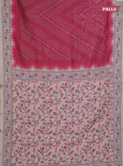 Semi linen saree maroon and beige with allover bandhani prints and embroidery pallu & border
