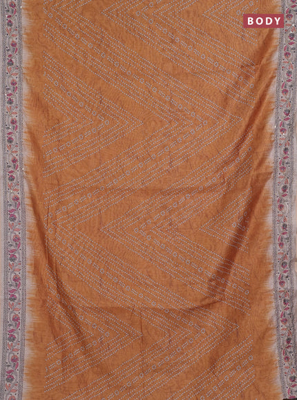 Semi linen saree dark mustard and beige with allover bandhani prints and embroidery pallu & border