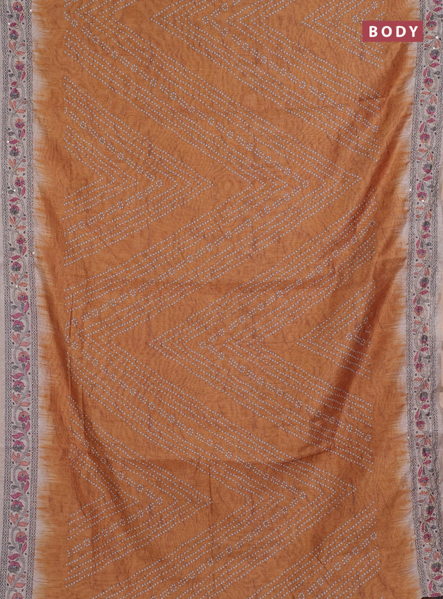 Semi linen saree dark mustard and beige with allover bandhani prints and embroidery pallu & border