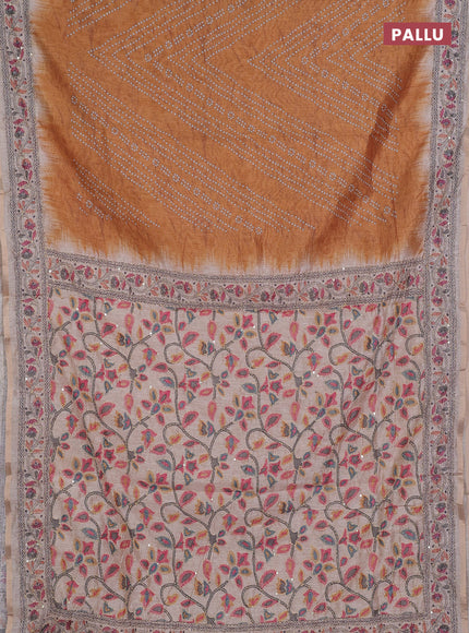 Semi linen saree dark mustard and beige with allover bandhani prints and embroidery pallu & border