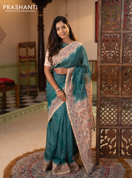 Semi linen saree teal green and beige with allover bandhani prints and embroidery pallu & border