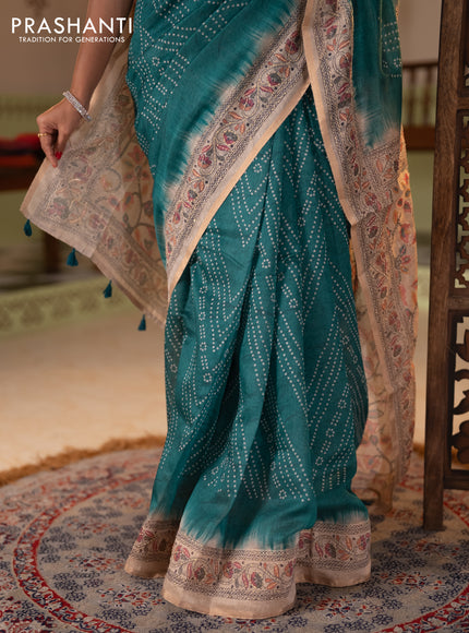 Semi linen saree teal green and beige with allover bandhani prints and embroidery pallu & border