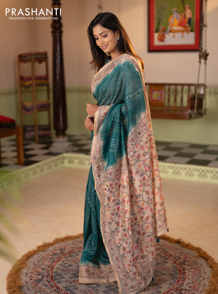 Semi linen saree teal green and beige with allover bandhani prints and embroidery pallu & border