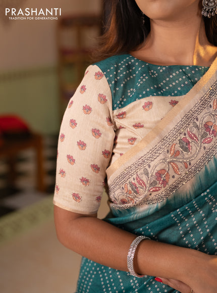 Semi linen saree teal green and beige with allover bandhani prints and embroidery pallu & border