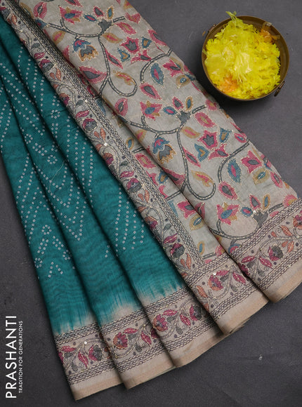Semi linen saree teal green and beige with allover bandhani prints and embroidery pallu & border