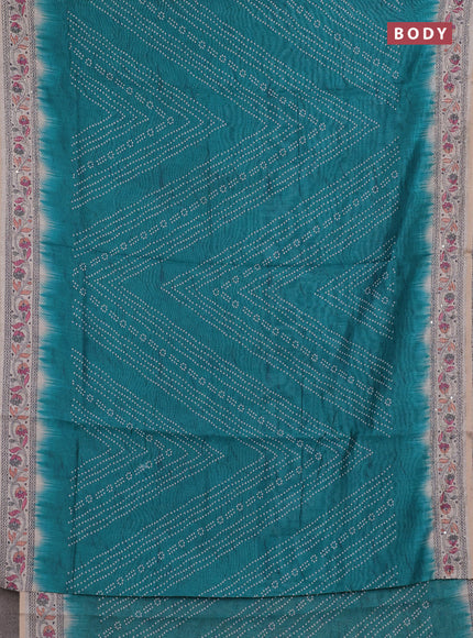 Semi linen saree teal green and beige with allover bandhani prints and embroidery pallu & border