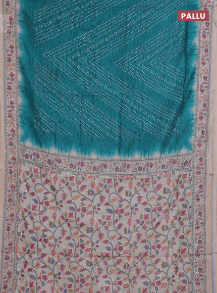 Semi linen saree teal green and beige with allover bandhani prints and embroidery pallu & border