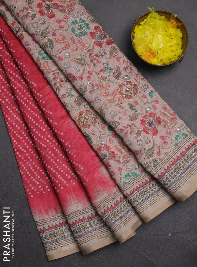 Semi linen saree red and beige with allover bandhani prints and embroidery pallu & border