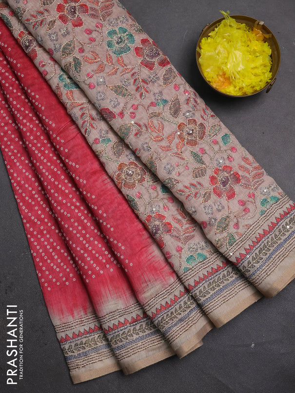 Semi linen saree red and beige with allover bandhani prints and embroidery pallu & border