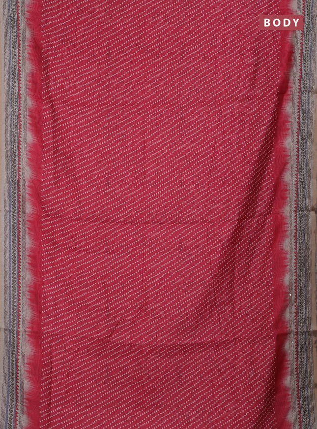 Semi linen saree red and beige with allover bandhani prints and embroidery pallu & border