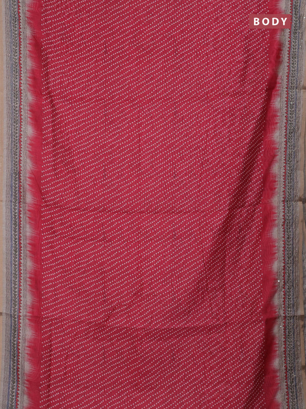 Semi linen saree red and beige with allover bandhani prints and embroidery pallu & border